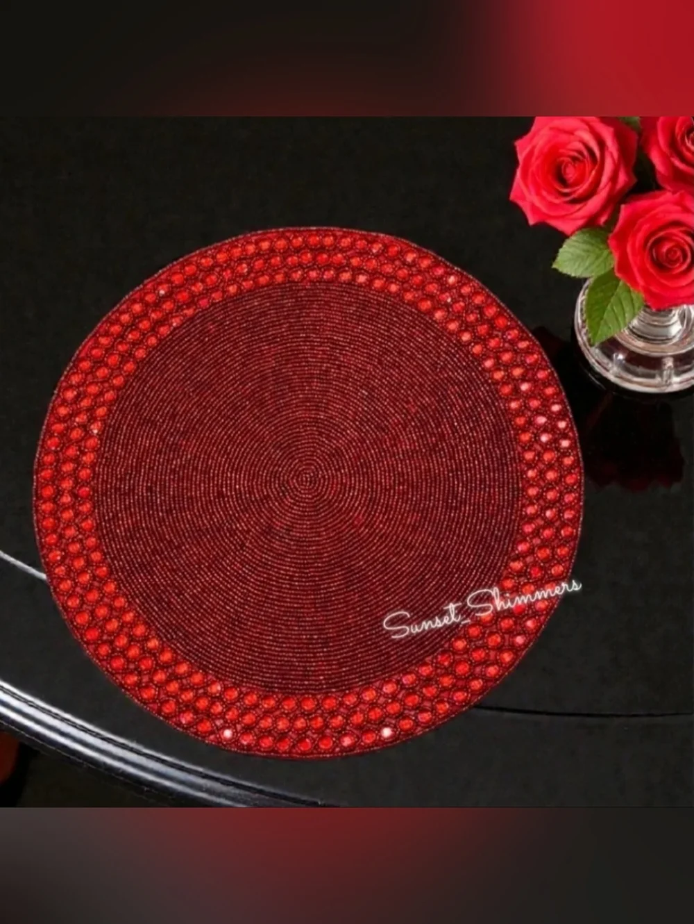 4 TAHARI Vampire Red Jeweled Glass Beaded Charger Placemats 15” Round NEW
